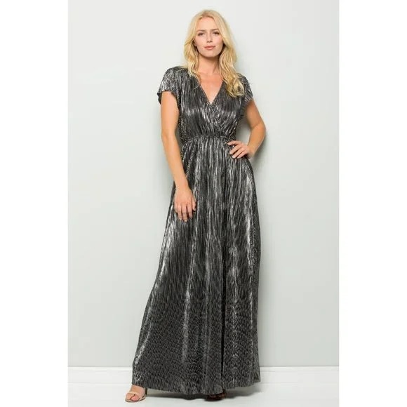 knee length dresses for ladies METALLIC EFFECT WRAP MAXI DRESS (GOLD) | Love Cherish